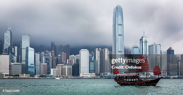 traditional chinese junkboat sailing across victoria harbour, hong kong - hong kong junk boat stock pictures, royalty-free photos & images