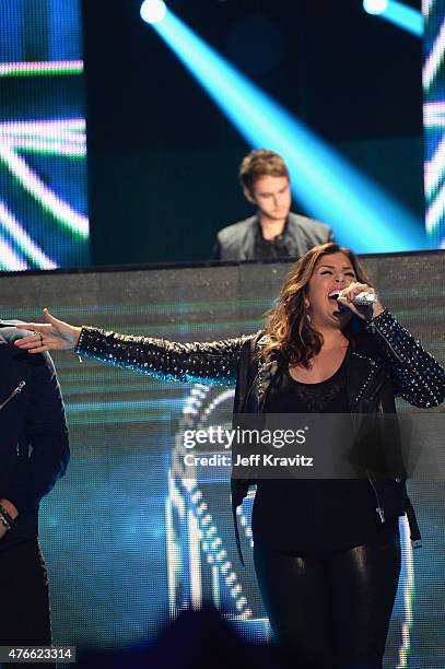 Singer Hillary Scott of Lady Antebellum performs with Zedd onstage during the 2015 CMT Music awards at the Bridgestone Arena on June 10, 2015 in...