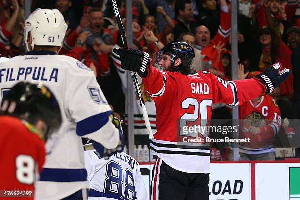 Brandon Saad of the Chicago Blackhawks celebrates after scoring a goal in the third period against Andrei Vasilevskiy of the Tampa Bay Lightning...