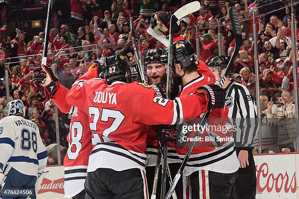 Brandon Saad of the Chicago Blackhawks reacts after scoring against the Tampa Bay Lightning in the third period during Game Four of the 2015 NHL...