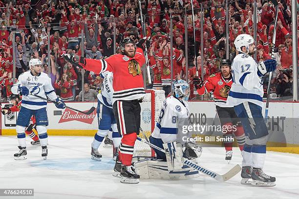 Brandon Saad of the Chicago Blackhawks reacts after scoring against the Tampa Bay Lightning in the third period during Game Four of the 2015 NHL...