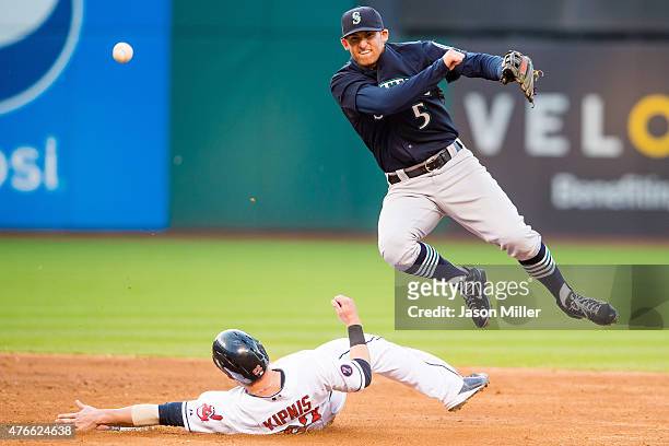 Shortstop Brad Miller of the Seattle Mariners throws over Jason Kipnis of the Cleveland Indians to get out Carlos Santana at first base for the...