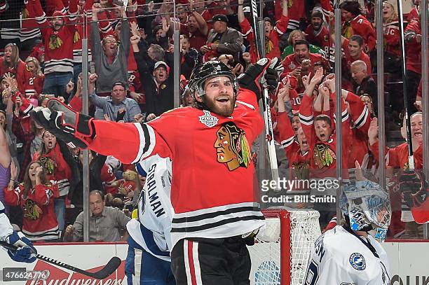 Brandon Saad of the Chicago Blackhawks reacts after scoring against the Tampa Bay Lightning in the third period during Game Four of the 2015 NHL...