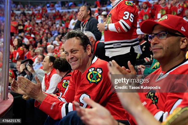 Actor Vince Vaughn watches Game Four of the 2015 NHL Stanley Cup Final between the Chicago Blackhawks and the Tampa Bay Lightning at the United...