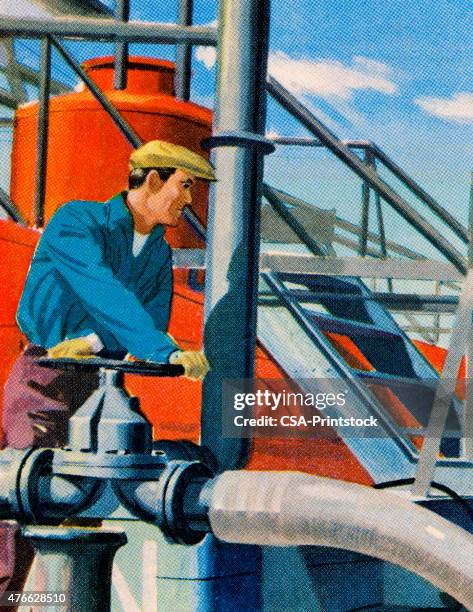 man working in oil field - refinery worker stock illustrations