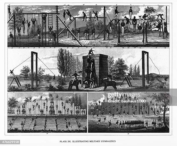 military training and gymnastics engraving - army obstacle course stock illustrations