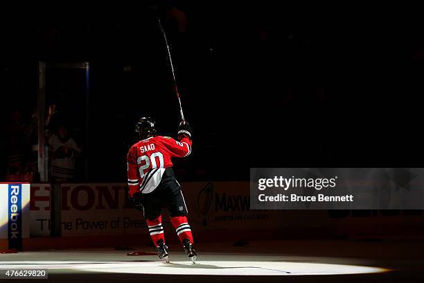 Brandon Saad of the Chicago Blackhawks celebrates after defeating the Tampa Bay Lightning 2 to 1 in Game Four of the 2015 NHL Stanley Cup Final at...