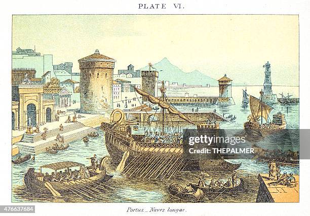 ilustrações, clipart, desenhos animados e ícones de militar romano navios engraving - romano