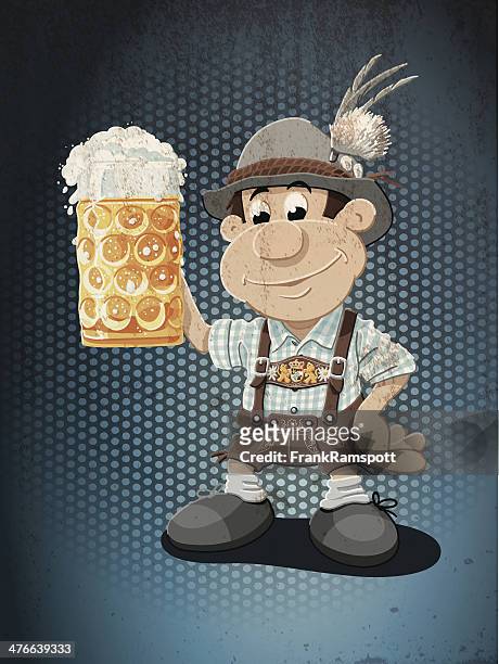 ilustrações, clipart, desenhos animados e ícones de caneca de cerveja lederhosen oktoberfest homem dos desenhos animados grunge colorido - roupa de tirolês