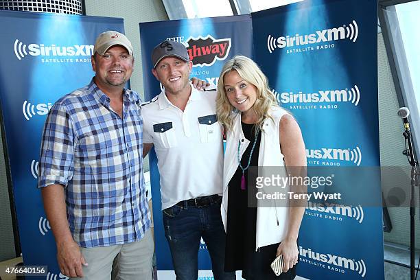 Host Storme Warren,Singer-Songwriter Cole Swindell and SiriusXM Producer Brittany Davidson arrive at the Morning Show with Storme Warren on...