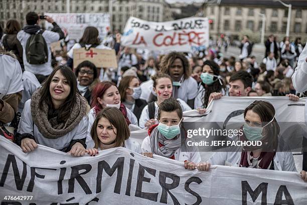 Nursing students demonstrate on March 4, 2014 in Lyon against a decision by private clinics to block nursing students from interning. The protest was...