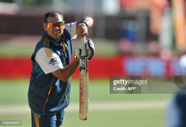 South Africa's Cricket coach Russell Domingo bats on Day 4 of the third Test match between South Africa and Australia at Newlands in Cape Town on...