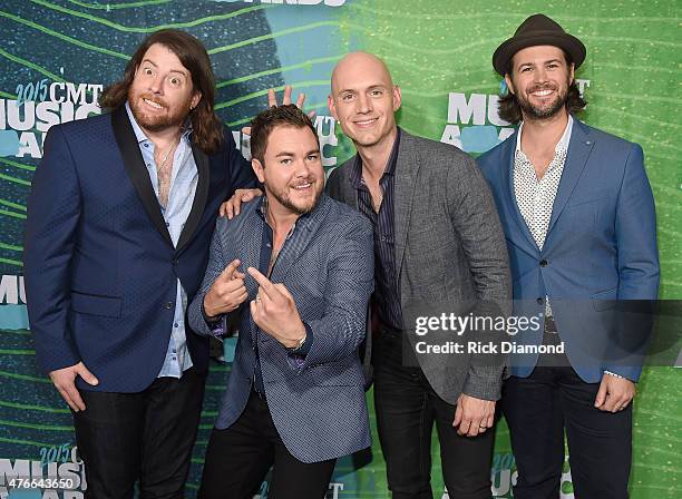 James Young, Mike Eli, Jon Jones and Chris Thompson of Eli Young Band attend the 2015 CMT Music awards at the Bridgestone Arena on June 10, 2015 in...