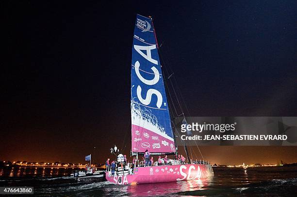 Team SCA skippered by English Sam Davies arrives to Lorient in first position during the finish of Leg 8 of the Volvo Ocean Race from Lisbon to...