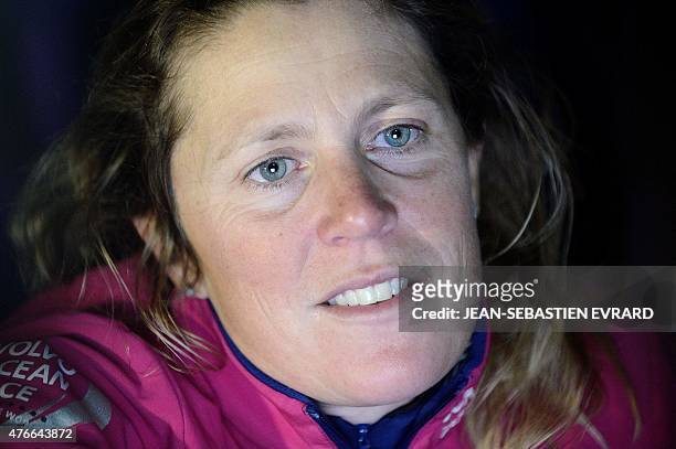 English skipper Sam Davies "Team SCA" is seen after winning the Leg 8 of the Volvo Ocean Race from Lisbon to Lorient on June 11, 2015. The Volvo...