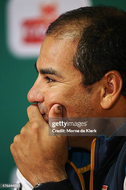 Russell Domingo of South Africa speaks to the media during a press conference during day 4 of the third test match between South Africa and Australia...