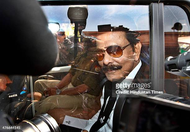 Sahara Chairman Subrata Roy arrives at the Supreme Court on March 4, 2014 in New Delhi, India. An attacker, Manoj Sharma, claiming to be a lawyer...
