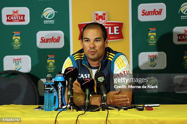 Russell Domingo of South Africa speaks to the media during a press conference during day 4 of the third test match between South Africa and Australia...