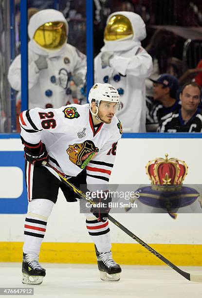 Kyle Cumiskey of the Chicago Blackhawks plays against the Tampa Bay Lightning in Game Two of the 2015 NHL Stanley Cup Final at Amalie Arena on June...