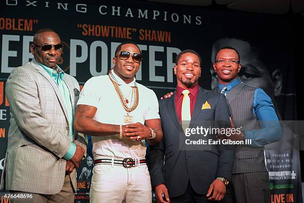 Mike Stafford, Boxer Adrien Broner, Boxer Shawn Porter and Kenny Porter pose for a photo at the Los Angeles Press Conference to discuss their June...