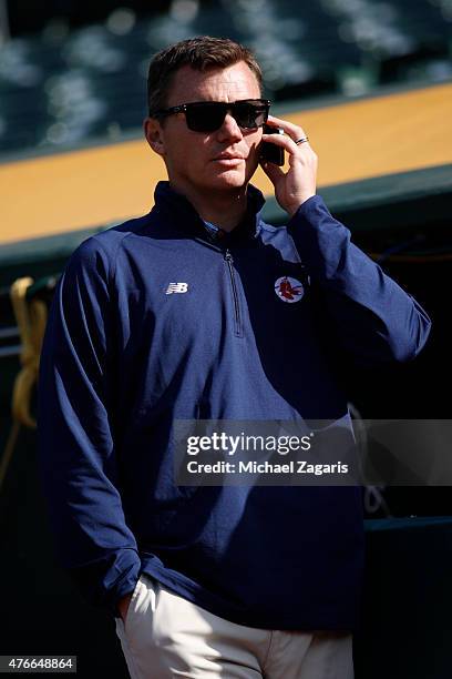 General Manager Ben Cherington of the Boston Red Sox stands on the field prior to the game against the Oakland Athletics at O.co Coliseum on May 11,...