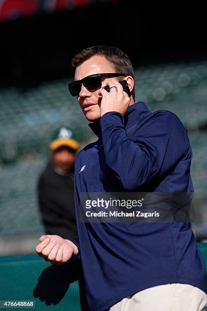 General Manager Ben Cherington of the Boston Red Sox stands on the field prior to the game against the Oakland Athletics at O.co Coliseum on May 11,...