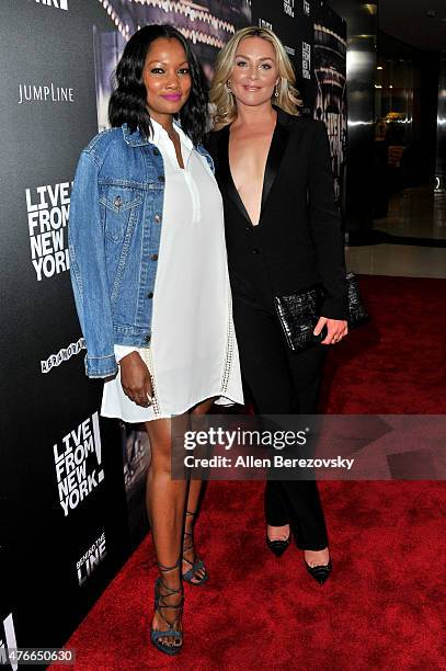 Actresses Garcelle Beauvais and Elisabeth Rohm arrive at the Los Angeles Premiere of Abramorama's "Live From New York!" at Landmark Theatre on June...