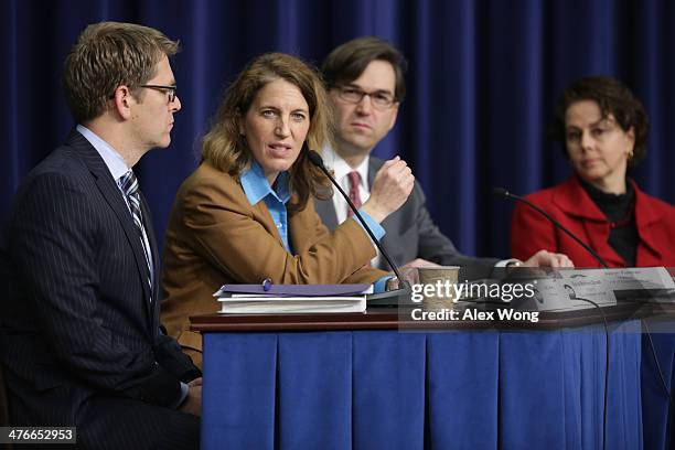 Office of Management and Budget Director Sylvia Burwell speaks as White House Press Secretary Jay Carney , Chairman of Council of Economic Advisers...