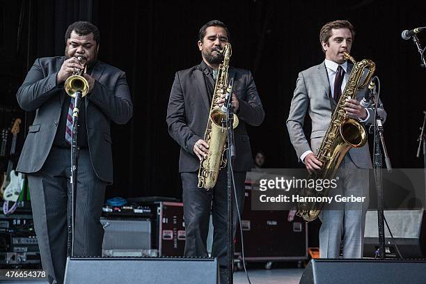 Dave Guy and Cochemea Gastelum of Sharon Jones & the Dap-Kings perform at The Greek Theatre on June 10, 2015 in Los Angeles, California.