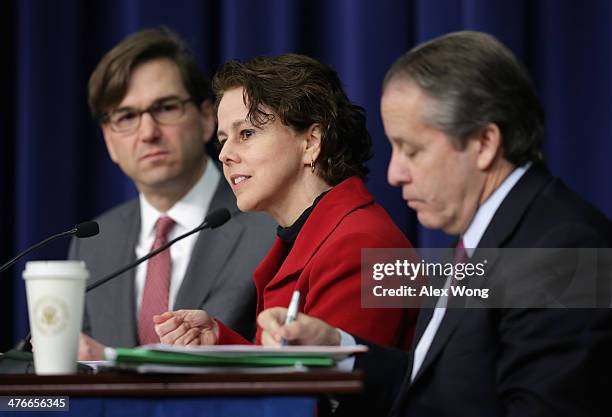 Director of the Domestic Policy Council Cecilia Muñoz speaks as Chairman of Council of Economic Advisers Jason Furman , and National Economic Council...