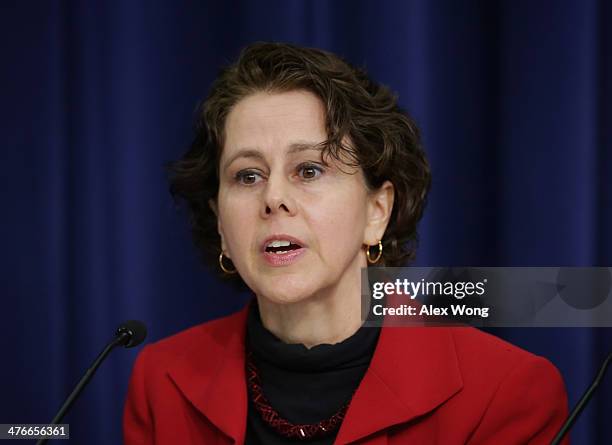 Director of the Domestic Policy Council Cecilia Muñoz speaks during a news conference March 4, 2014 at the South Court Auditorium of the Eisenhower...