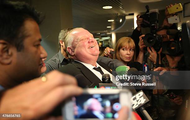 Mayor Rob Ford tries to put a positive spin on his performance the day after his appearence on the Jimmy Kimmel Show as he arrives at City Hall In...