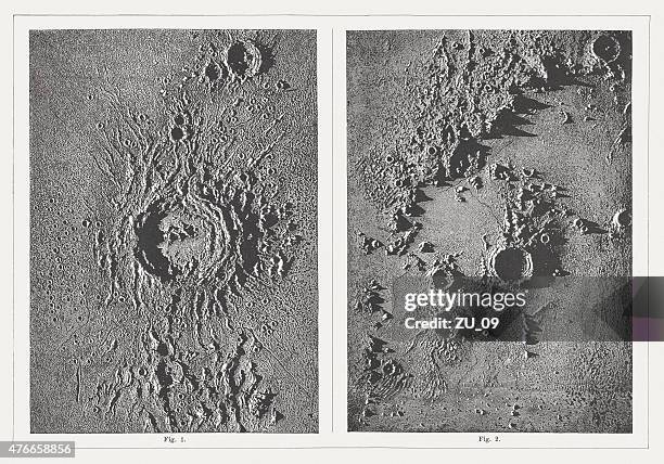 ilustraciones, imágenes clip art, dibujos animados e iconos de stock de paisaje lunar, publicado en 1877 - cráter de meteorito
