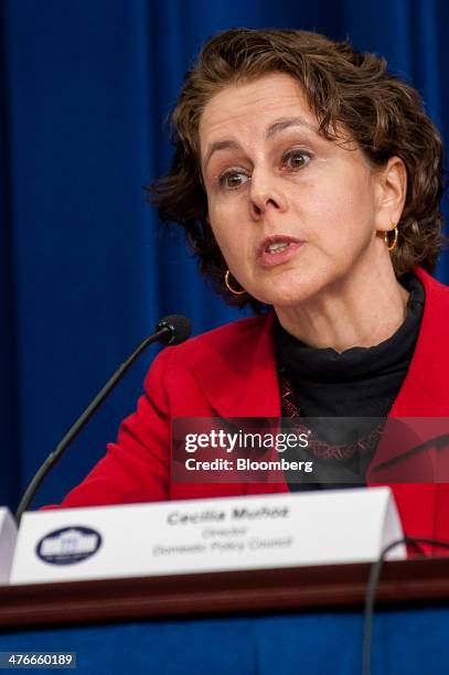 Cecilia Munoz, director of U.S. President Obama's Domestic Policy Council, discusses the 2015 fiscal year budget request during a news conference at...