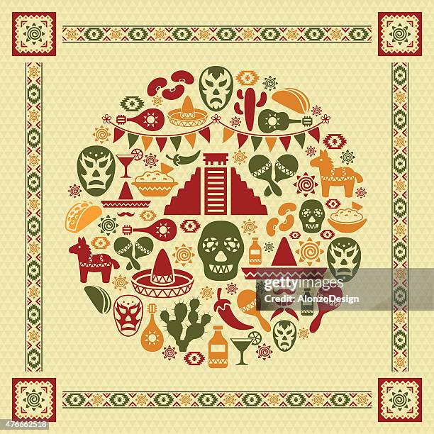 mexican collage - sombrero maracas stock illustrations