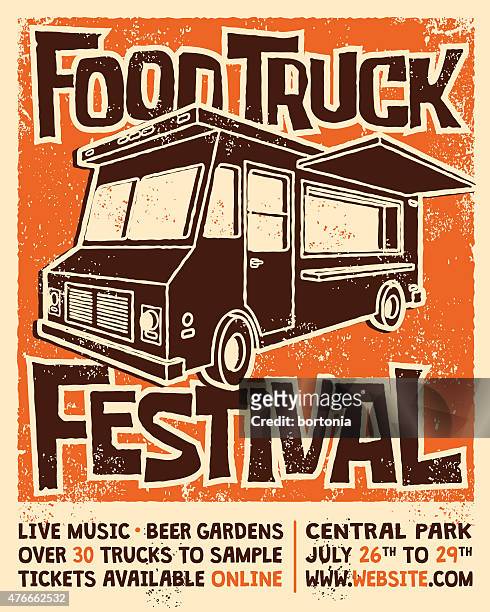 illustrazioni stock, clip art, cartoni animati e icone di tendenza di camion di cibo festival serigrafata poster vettoriale progettazione - poster