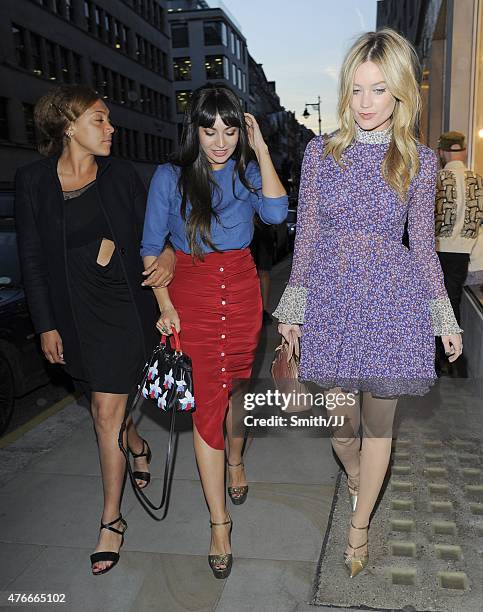 Miquita Oliver, Zara Martin and Laura Whitmore are seen leaving the Louis Vuitton party in Mayfair on June 10, 2015 in London, England.