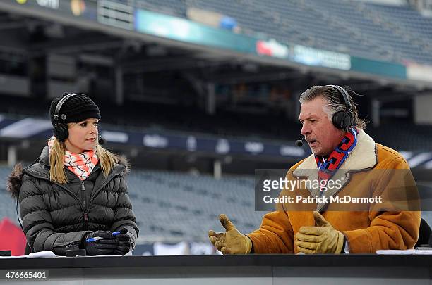 Network host Kathryn Tappen and Barry Melrose on set during the 2014 NHL Stadium Series practice day on February 28, 2014 at Soldier Field in...