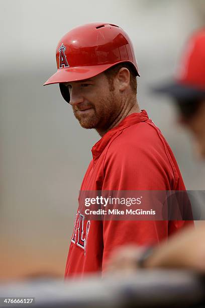 Chad Tracy of the Los Angeles Angels takes some batting practice during a workout at Tempe Diablo Stadium practice facility on February 25, 2014 in...