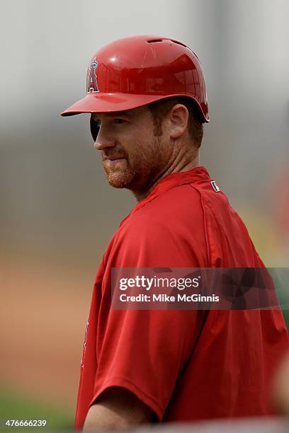 Chad Tracy of the Los Angeles Angels takes some batting practice during a workout at Tempe Diablo Stadium practice facility on February 25, 2014 in...