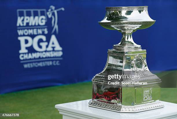 The winner's trophy is seen on the first tee during the first round of the KPMG Women's PGA Championship on the West Course at the Westchester...