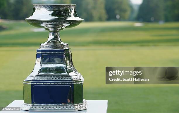 The winner's trophy is seen on the first tee during the first round of the KPMG Women's PGA Championship on the West Course at the Westchester...