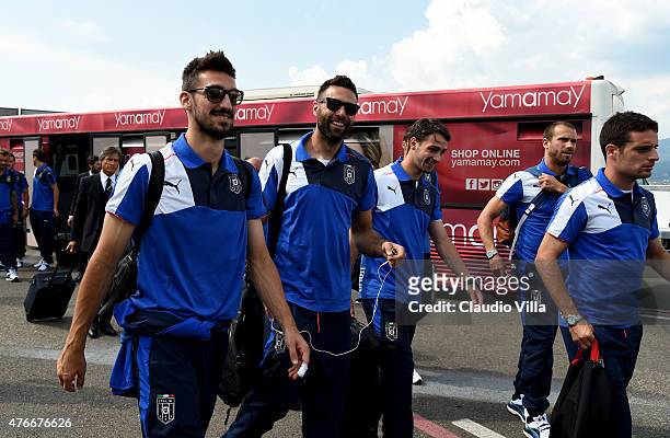 Davide Astori, Salvatore Sirigu, Mattia De Sciglio, Lorenzo De Silvestri and Giacomo Bonaventura of Italy depart to Croatia on June 11, 2015 in...