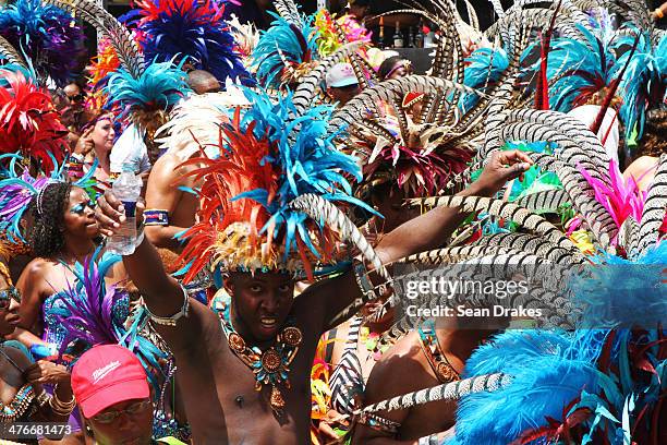 Masqueraders in the band "Cirque" by Yuma perform during the Carnival Parade at the Trinidad Carnival on March 04, 2014 in Port of Spain, Trinidad.