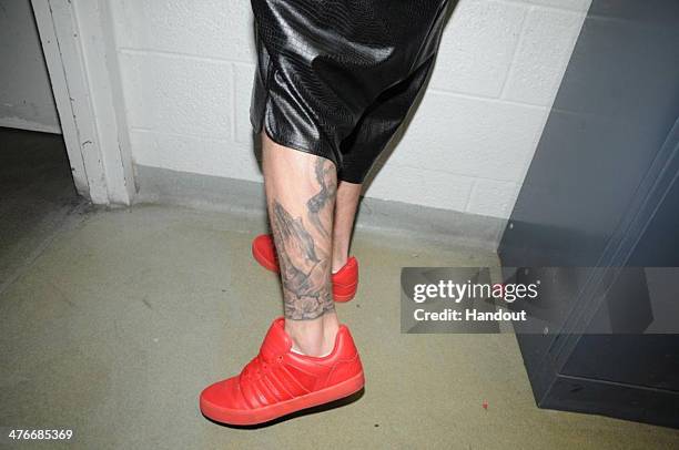 In this handout photo provided by the Miami Beach Police Department and released on March 4 singer Justin Bieber displays his tattoos for police...