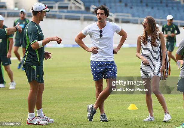 Australian comedian Andy Lee and his partner Rebecca Harding are seen before day one of the Second Test match between Australia and the West Indies...