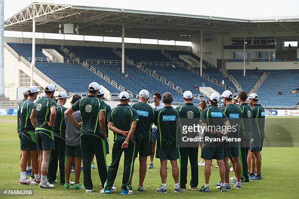 Australian comedian Andy Lee speaks to the Australian team before day one of the Second Test match between Australia and the West Indies at Sabina...