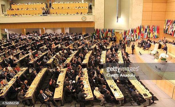 French president Francois Hollande, delivers his statement during the International Labor Organization, ILO, annual conference at the European...