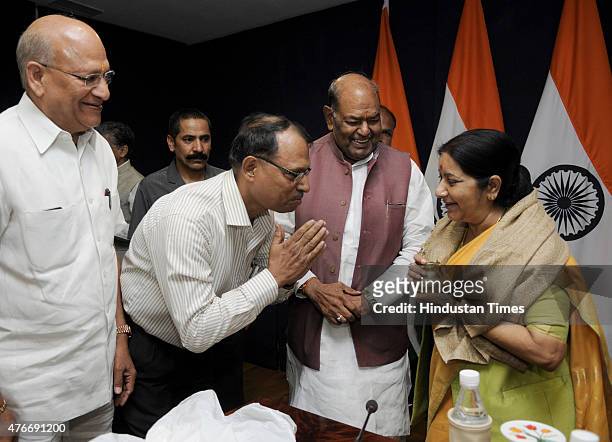 Kailash Mansarovar Yatris greets Union External Affairs Minister Sushma Swaraj during the first batch of Kailash Mansarovar Yatra at Jawahar Lal...