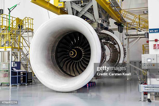 Jet engine in the Rolls-Royce Mechanical Testing Operations Center on June 11, 2015 near Berlin, Germany. German President Gauck was visiting the...